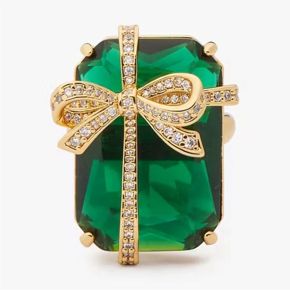 Kate Spade Emerald Green and Gold Bow Gift Pave Present Cocktail Ring - Picture 5 of 7